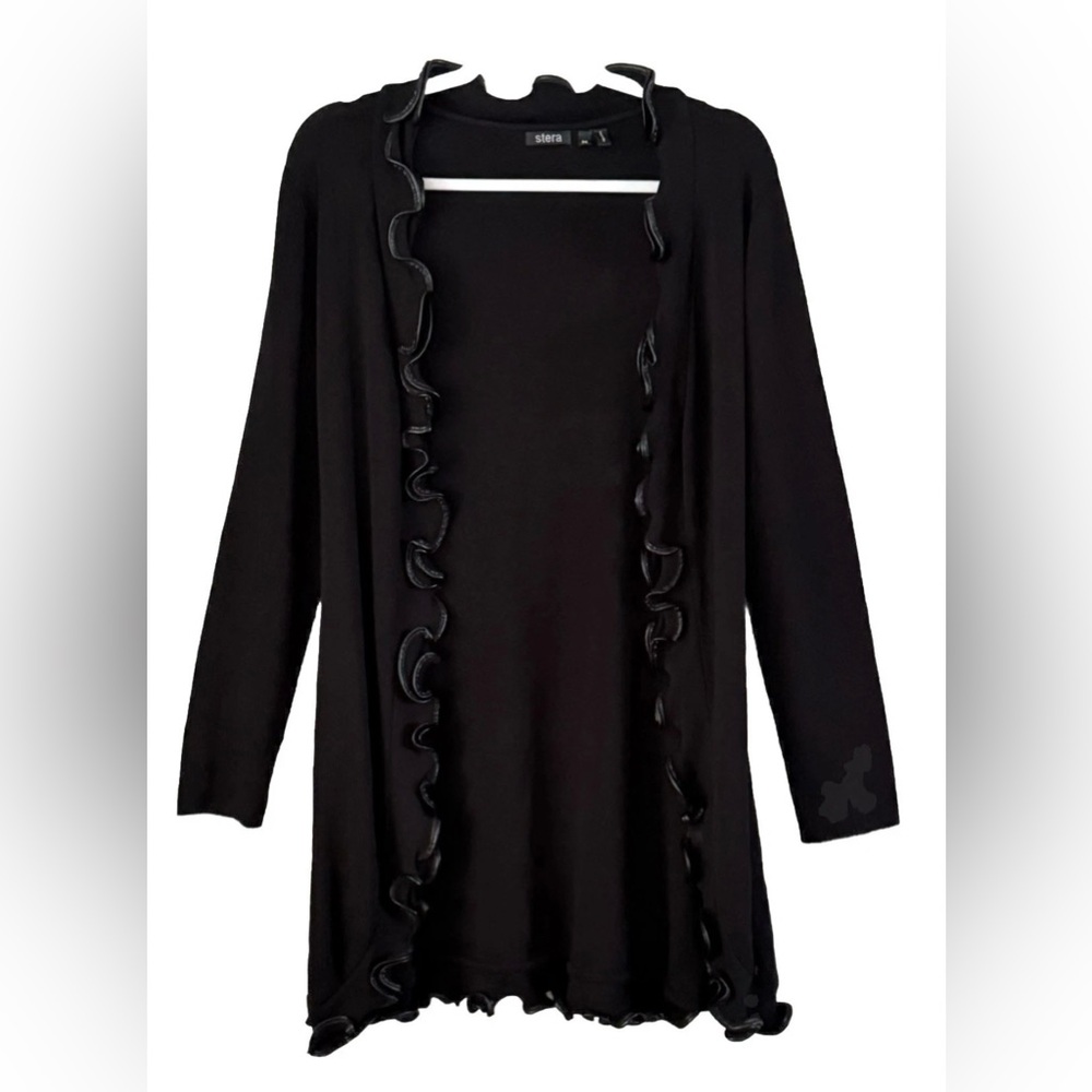 Stera Womens Black Long Open Front Long Sleeve Ruffled Design Cardigan Size M